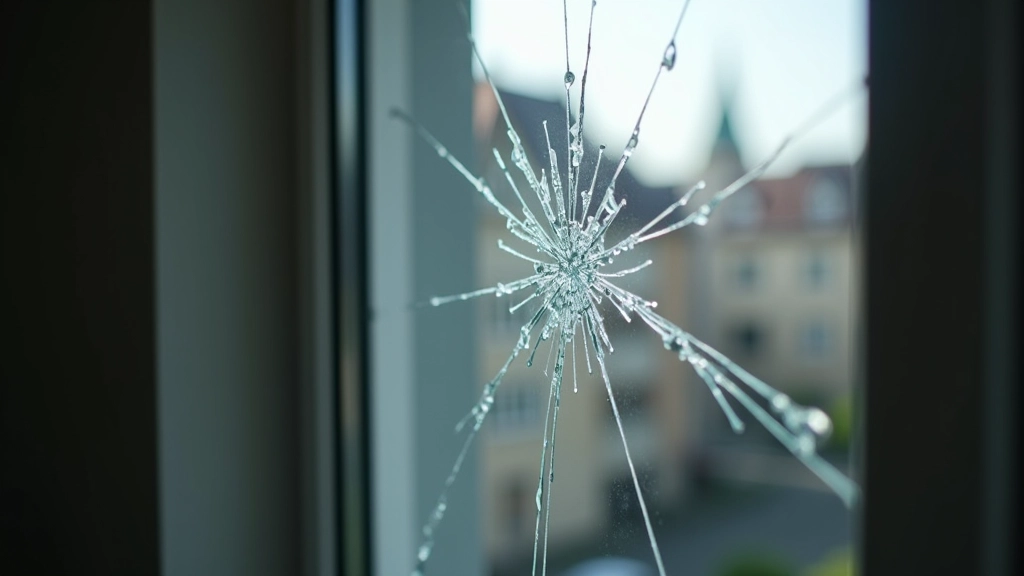 Beschädigtes Fenster mit Bruchstelle in einer Wohnung