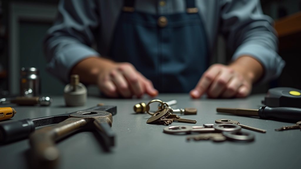 Schlüsseldienst-Werkzeug und Schlüssel auf professionellem Arbeitstisch in einer Werkstatt