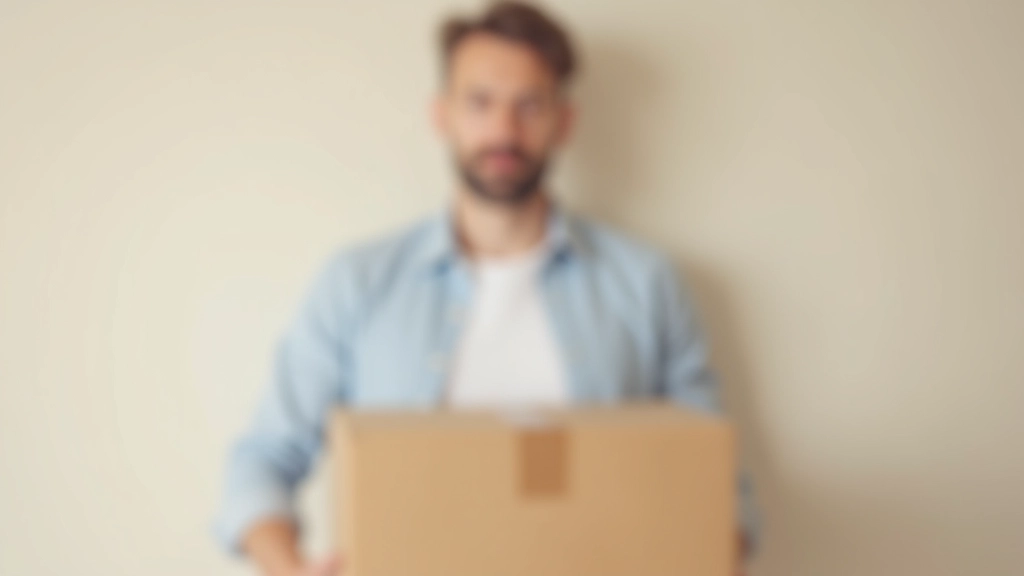 Person hilft beim Umzug, trägt einen Karton und konzentriert sich