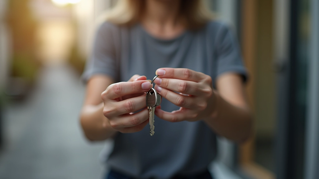 Person holding apartment keys in front of rental property