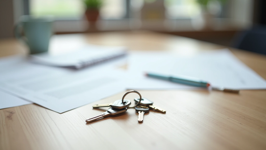 Schlüssel auf Holztisch neben Papieren und Versicherungsdokumenten