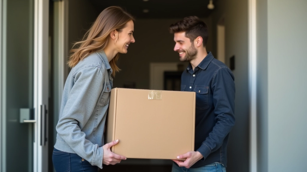 Zwei Menschen helfen beim Umzug und tragen zusammen einen Karton in ein Haus