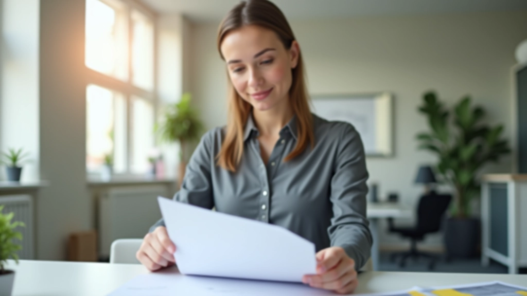 Person mit Versicherungsvertrag und Stift am Schreibtisch in heller Büroumgebung